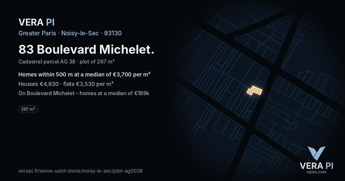 83 Boulevard Michelet, Noisy-le-Sec at night – the plot lit, the parcels around coloured by the prices near them