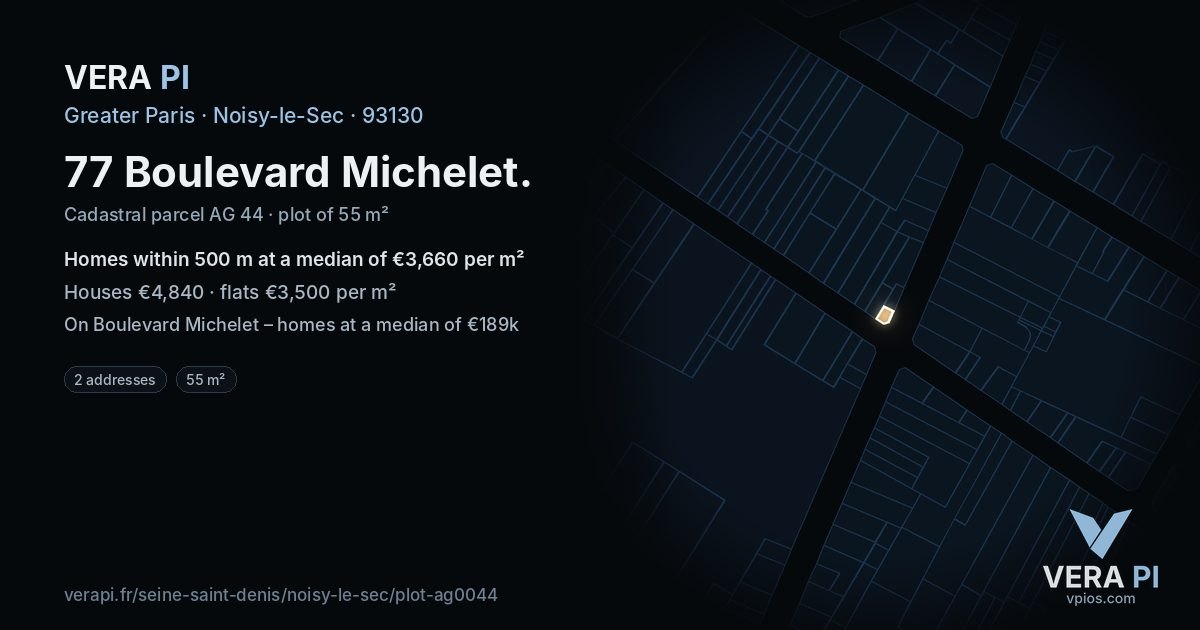 77 Boulevard Michelet, Noisy-le-Sec at night – the plot lit, the parcels around coloured by the prices near them