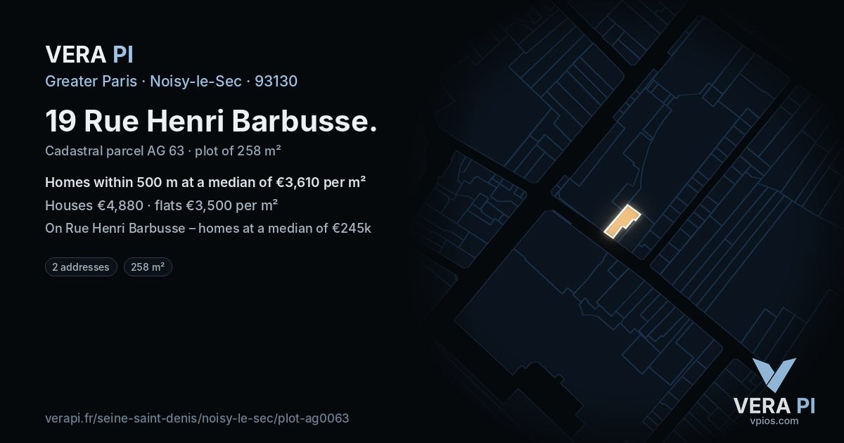 19 Rue Henri Barbusse, Noisy-le-Sec at night – the plot lit, the parcels around coloured by the prices near them