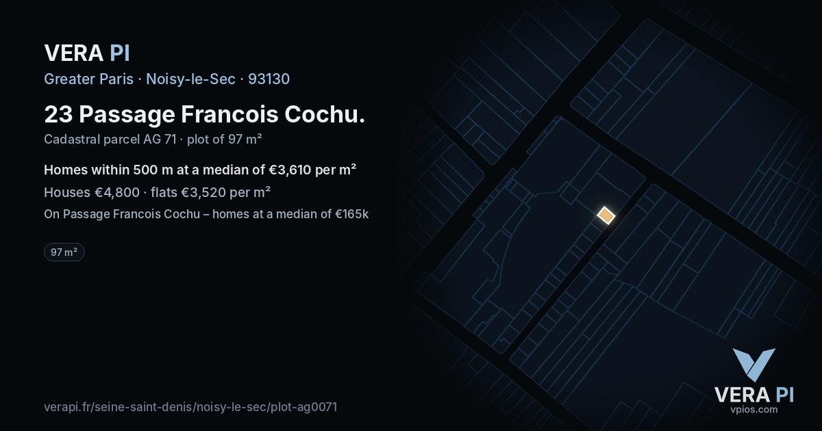 23 Passage Francois Cochu, Noisy-le-Sec at night – the plot lit, the parcels around coloured by the prices near them
