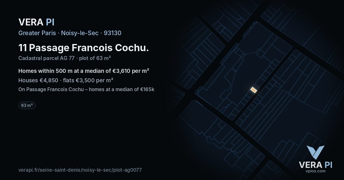11 Passage Francois Cochu, Noisy-le-Sec at night – the plot lit, the parcels around coloured by the prices near them