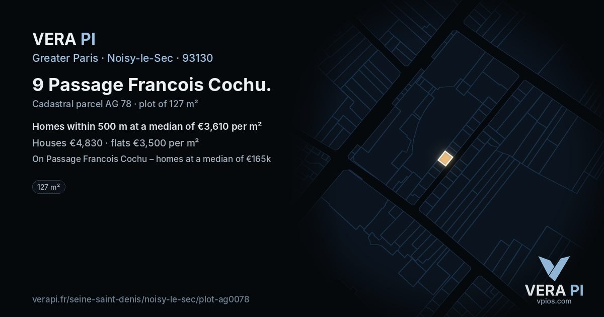 9 Passage Francois Cochu, Noisy-le-Sec at night – the plot lit, the parcels around coloured by the prices near them