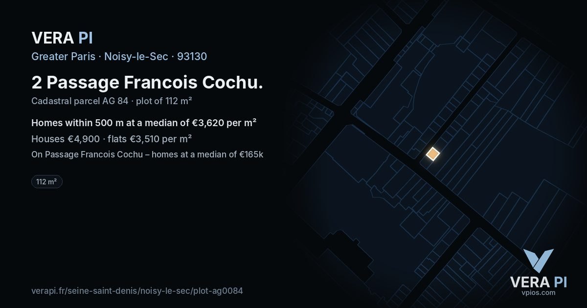 2 Passage Francois Cochu, Noisy-le-Sec at night – the plot lit, the parcels around coloured by the prices near them