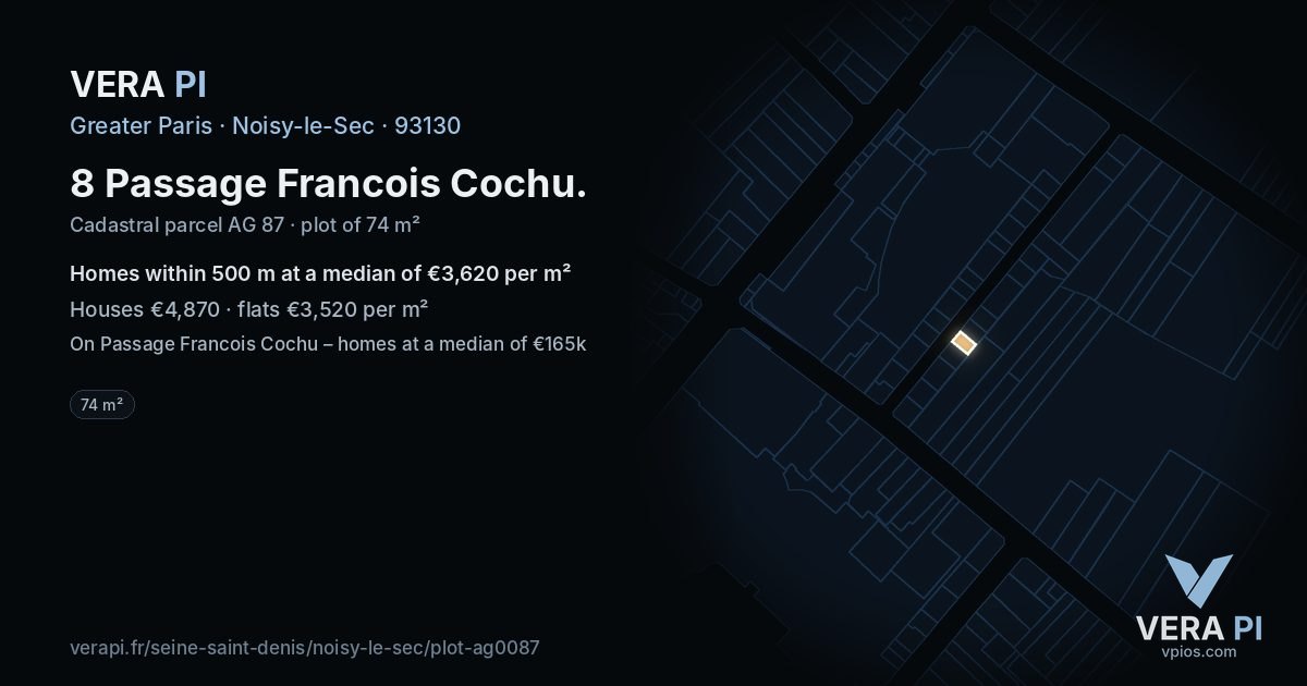 8 Passage Francois Cochu, Noisy-le-Sec at night – the plot lit, the parcels around coloured by the prices near them