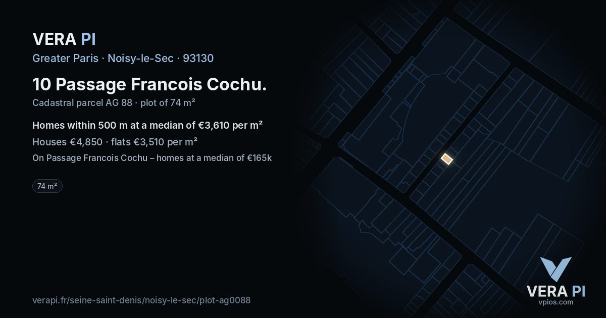 10 Passage Francois Cochu, Noisy-le-Sec at night – the plot lit, the parcels around coloured by the prices near them
