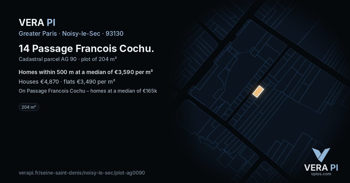 14 Passage Francois Cochu, Noisy-le-Sec at night – the plot lit, the parcels around coloured by the prices near them