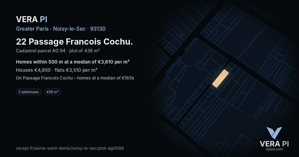 22 Passage Francois Cochu, Noisy-le-Sec at night – the plot lit, the parcels around coloured by the prices near them