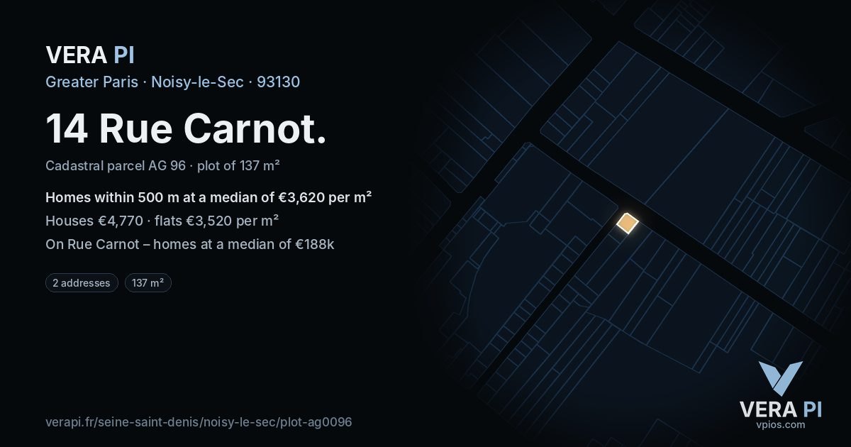 14 Rue Carnot, Noisy-le-Sec at night – the plot lit, the parcels around coloured by the prices near them