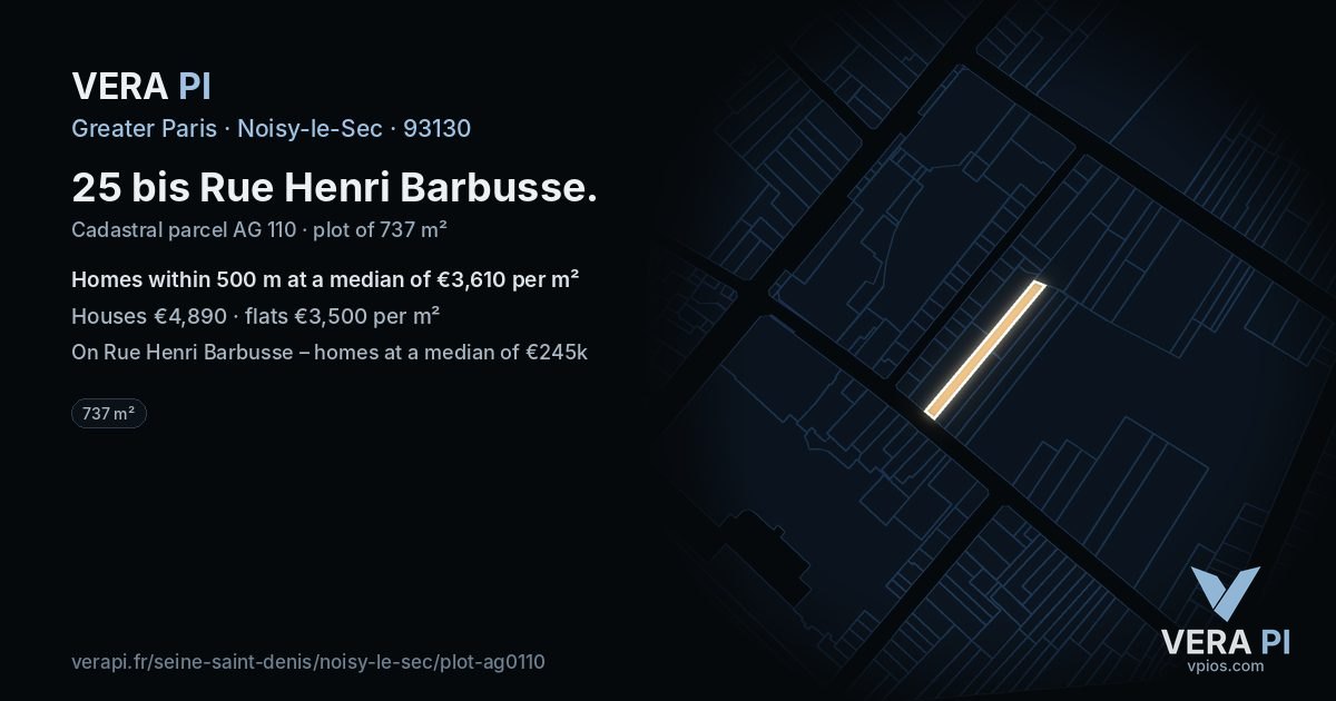 25 bis Rue Henri Barbusse, Noisy-le-Sec at night – the plot lit, the parcels around coloured by the prices near them