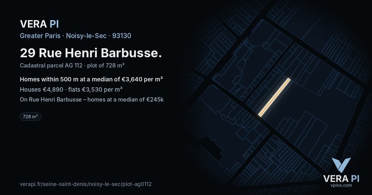29 Rue Henri Barbusse, Noisy-le-Sec at night – the plot lit, the parcels around coloured by the prices near them