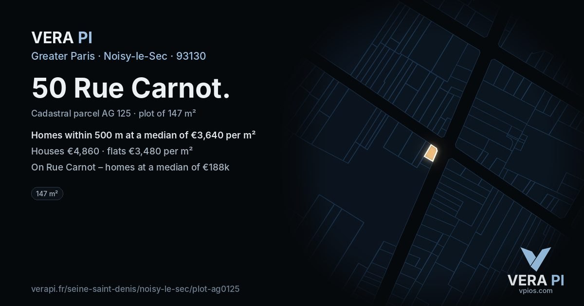 50 Rue Carnot, Noisy-le-Sec at night – the plot lit, the parcels around coloured by the prices near them