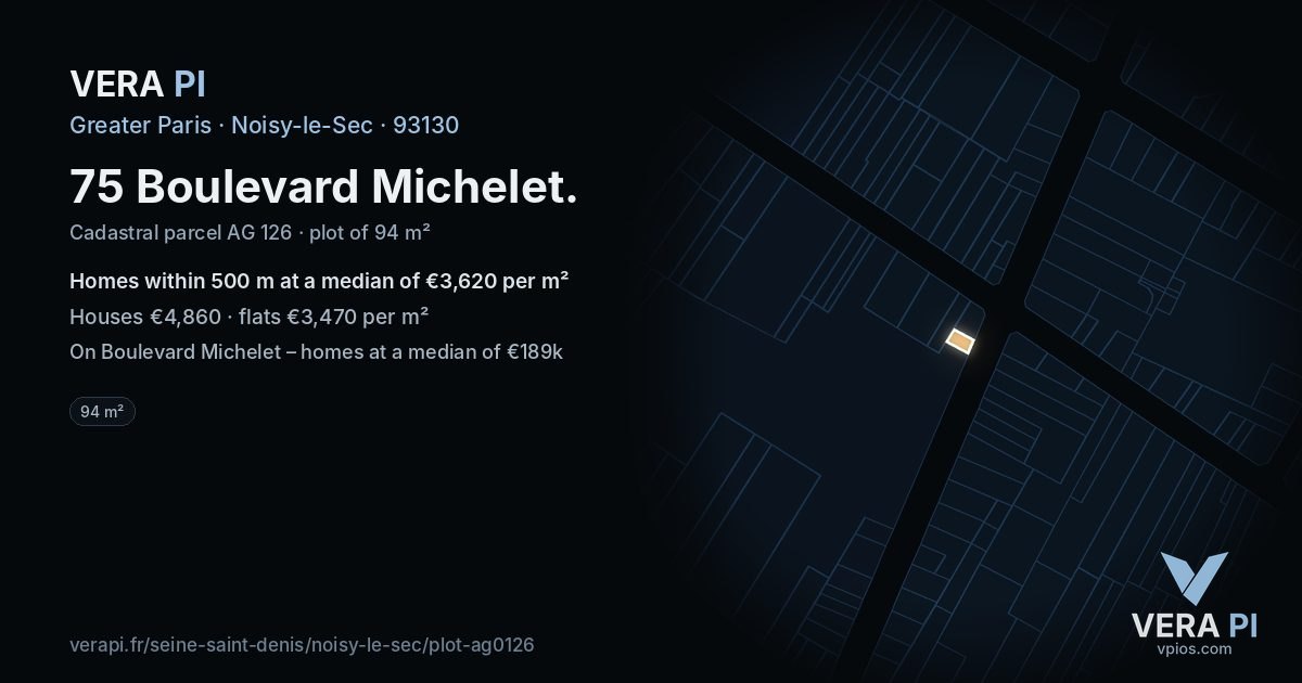 75 Boulevard Michelet, Noisy-le-Sec at night – the plot lit, the parcels around coloured by the prices near them
