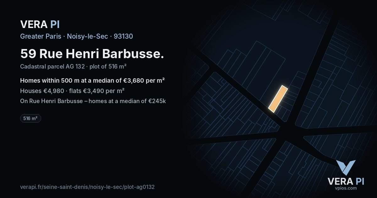 59 Rue Henri Barbusse, Noisy-le-Sec at night – the plot lit, the parcels around coloured by the prices near them