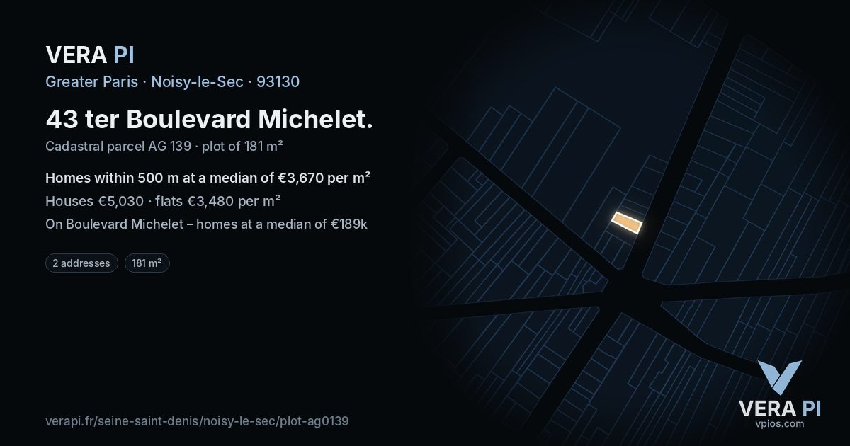43 ter Boulevard Michelet, Noisy-le-Sec at night – the plot lit, the parcels around coloured by the prices near them