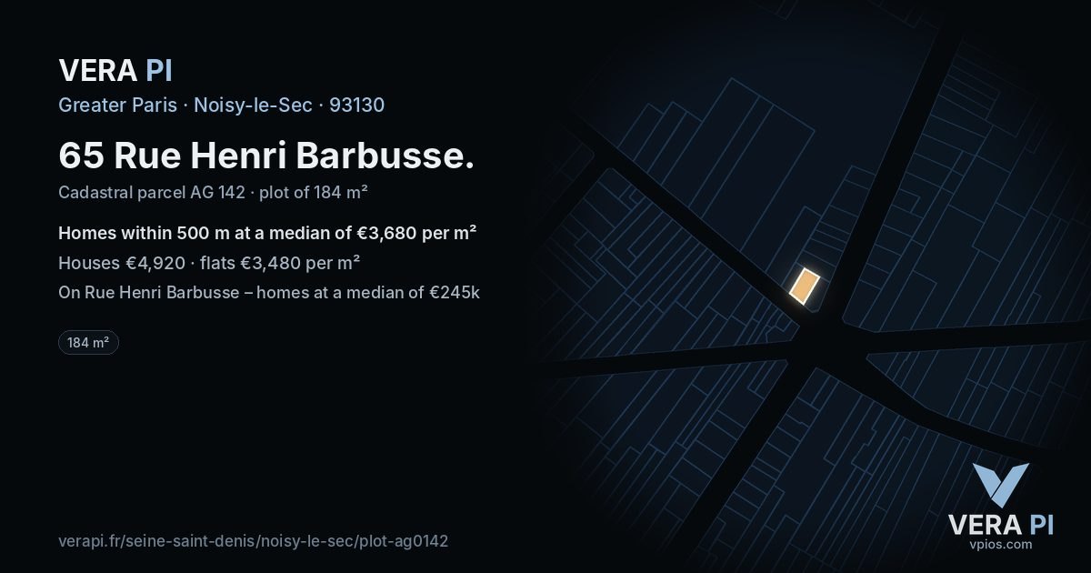 65 Rue Henri Barbusse, Noisy-le-Sec at night – the plot lit, the parcels around coloured by the prices near them