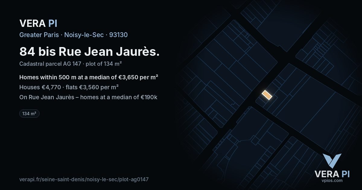 84 bis Rue Jean Jaurès, Noisy-le-Sec at night – the plot lit, the parcels around coloured by the prices near them