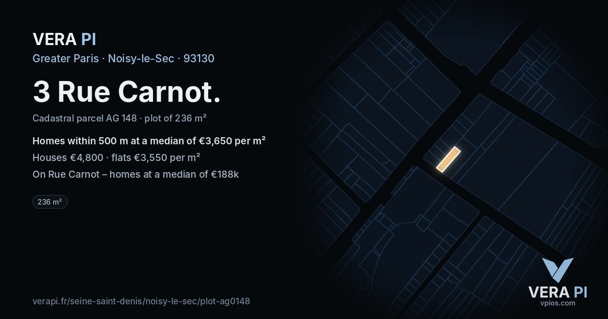 3 Rue Carnot, Noisy-le-Sec at night – the plot lit, the parcels around coloured by the prices near them