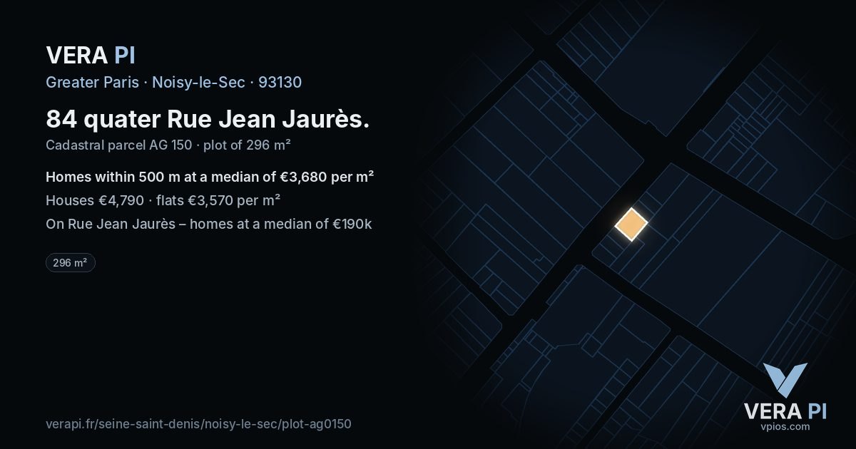 84 quater Rue Jean Jaurès, Noisy-le-Sec at night – the plot lit, the parcels around coloured by the prices near them