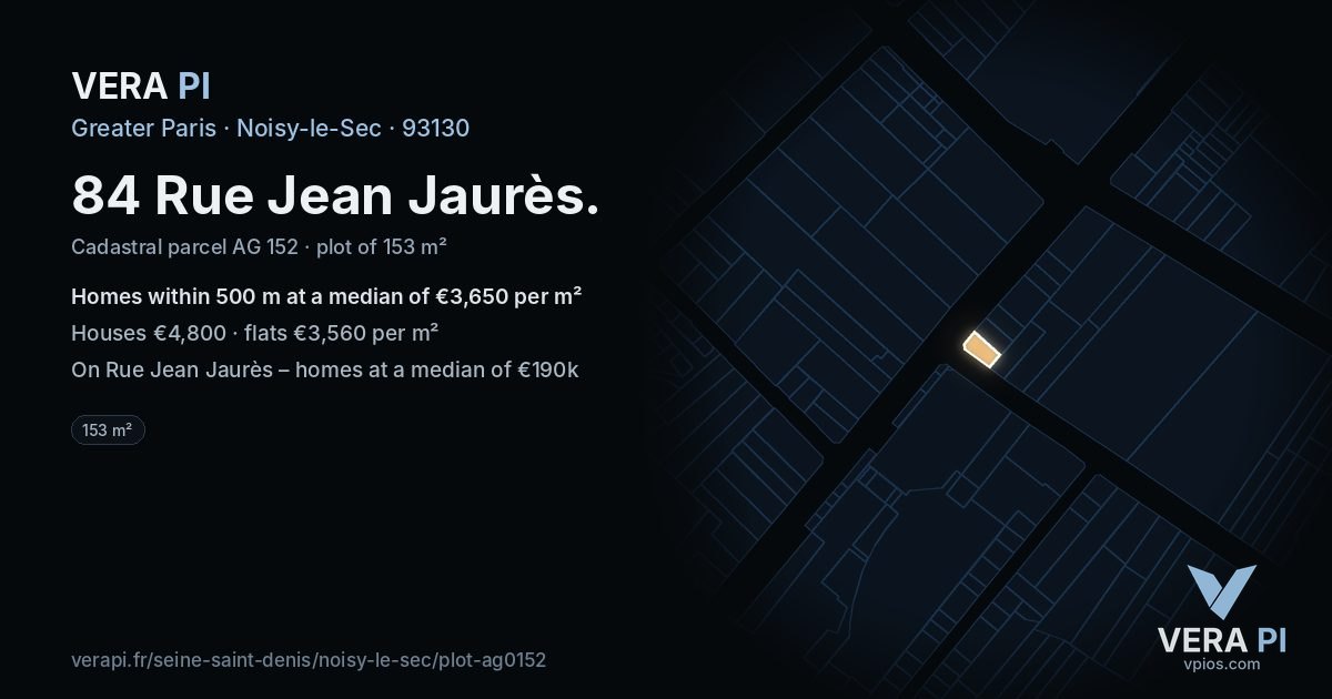 84 Rue Jean Jaurès, Noisy-le-Sec at night – the plot lit, the parcels around coloured by the prices near them