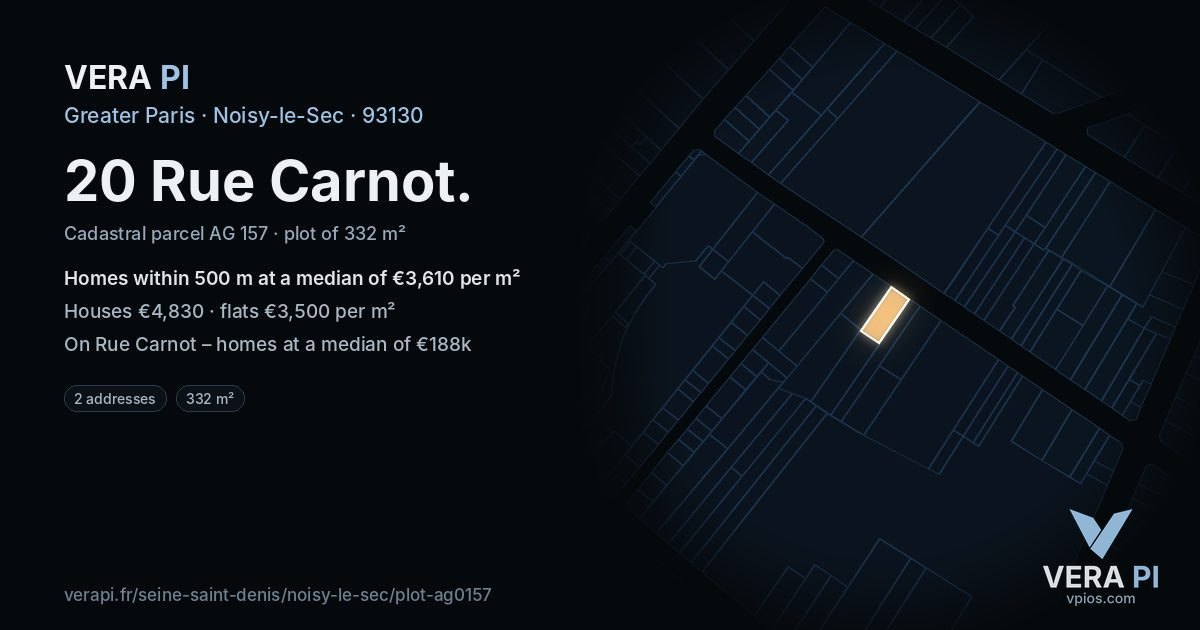 20 Rue Carnot, Noisy-le-Sec at night – the plot lit, the parcels around coloured by the prices near them