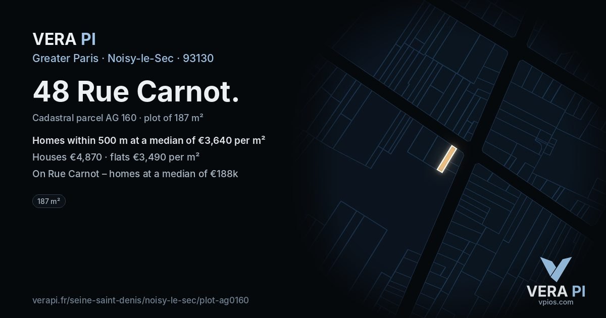48 Rue Carnot, Noisy-le-Sec at night – the plot lit, the parcels around coloured by the prices near them