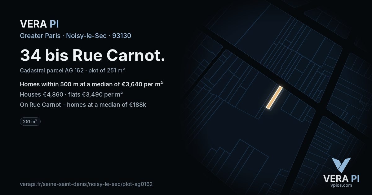 34 bis Rue Carnot, Noisy-le-Sec at night – the plot lit, the parcels around coloured by the prices near them