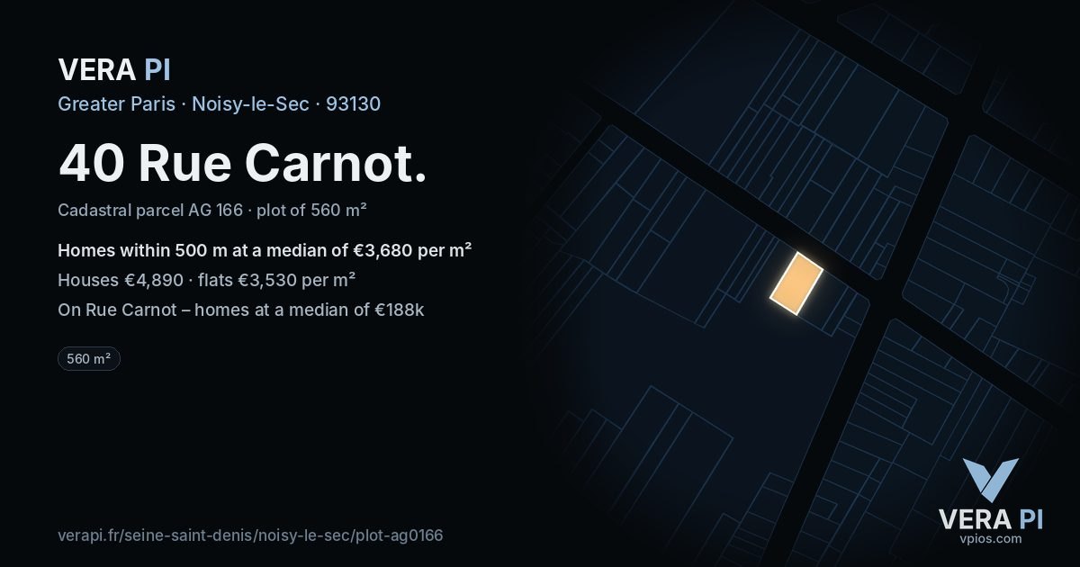 40 Rue Carnot, Noisy-le-Sec at night – the plot lit, the parcels around coloured by the prices near them