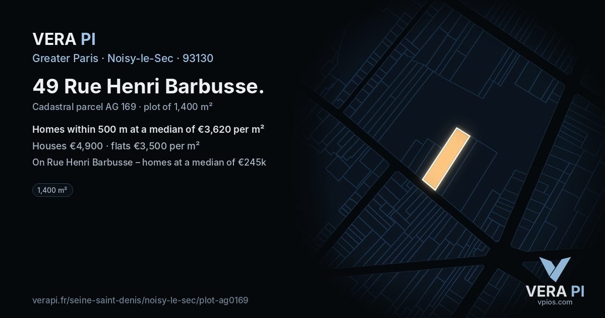 49 Rue Henri Barbusse, Noisy-le-Sec at night – the plot lit, the parcels around coloured by the prices near them