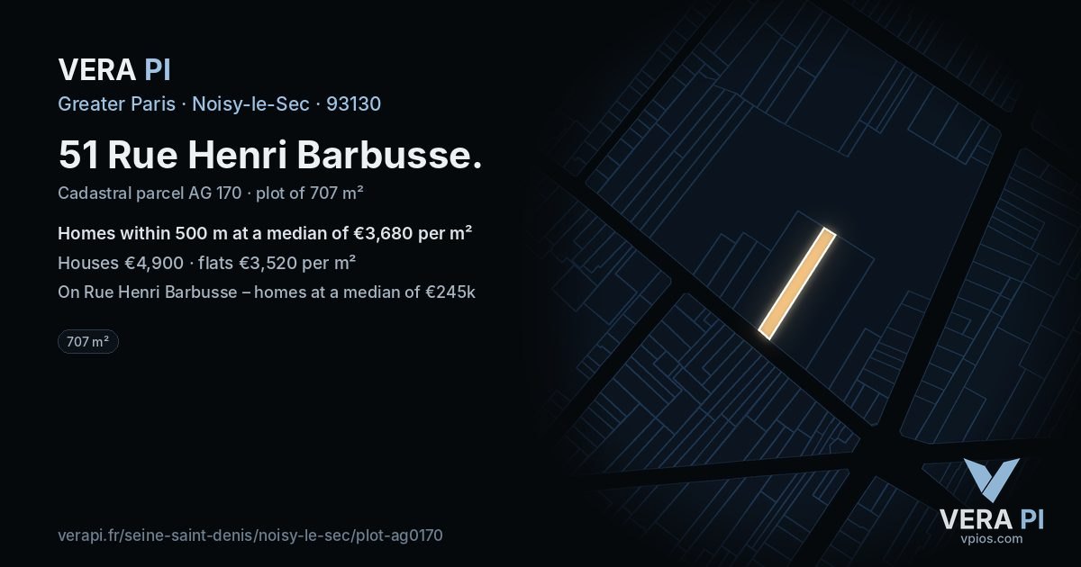 51 Rue Henri Barbusse, Noisy-le-Sec at night – the plot lit, the parcels around coloured by the prices near them