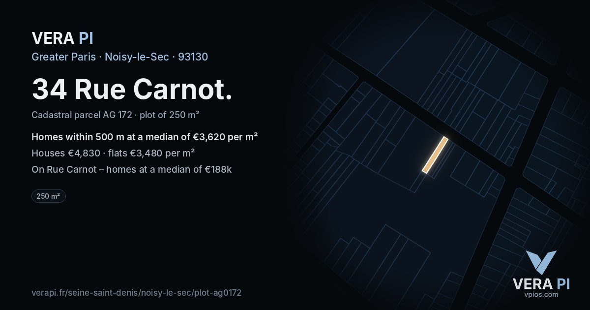34 Rue Carnot, Noisy-le-Sec at night – the plot lit, the parcels around coloured by the prices near them