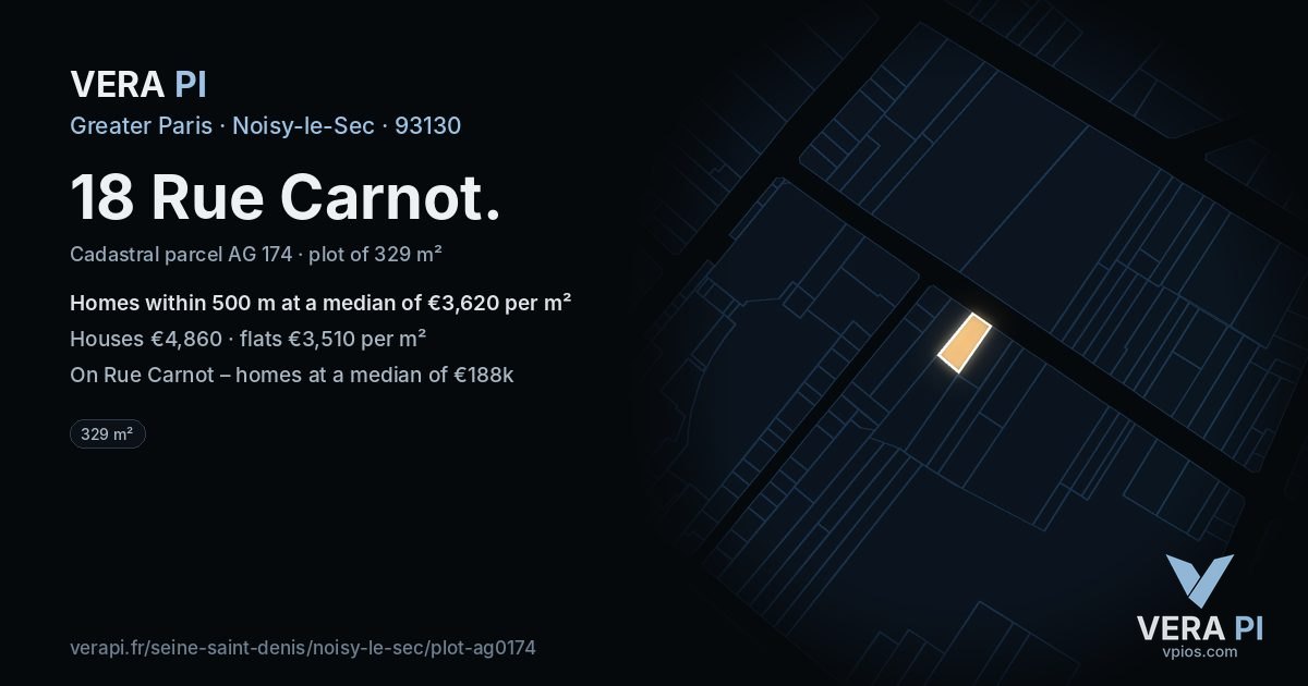 18 Rue Carnot, Noisy-le-Sec at night – the plot lit, the parcels around coloured by the prices near them