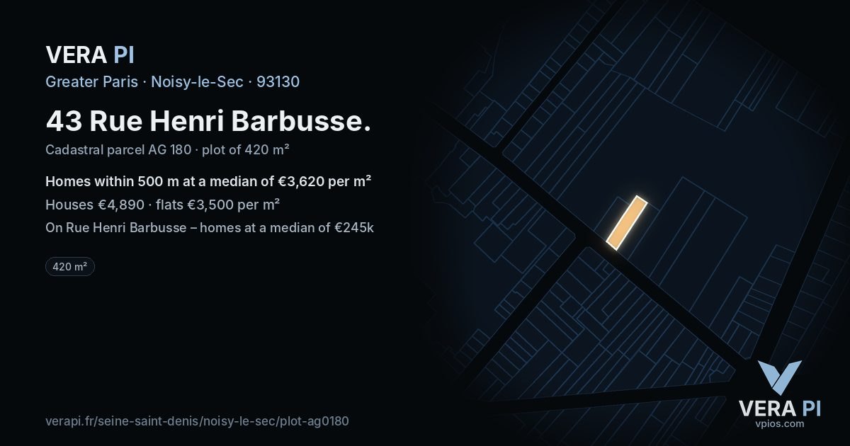 43 Rue Henri Barbusse, Noisy-le-Sec at night – the plot lit, the parcels around coloured by the prices near them