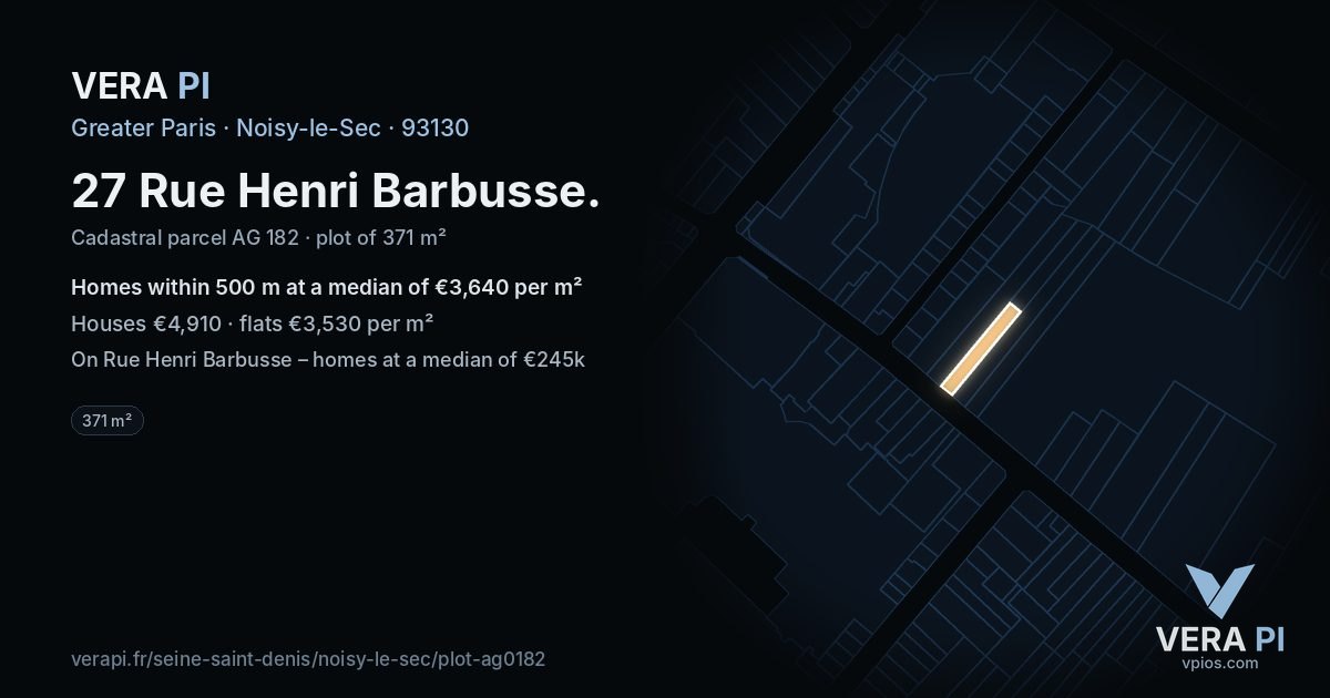 27 Rue Henri Barbusse, Noisy-le-Sec at night – the plot lit, the parcels around coloured by the prices near them