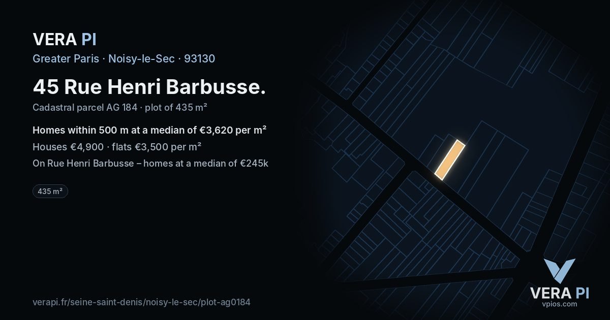 45 Rue Henri Barbusse, Noisy-le-Sec at night – the plot lit, the parcels around coloured by the prices near them
