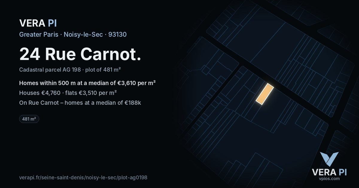 24 Rue Carnot, Noisy-le-Sec at night – the plot lit, the parcels around coloured by the prices near them