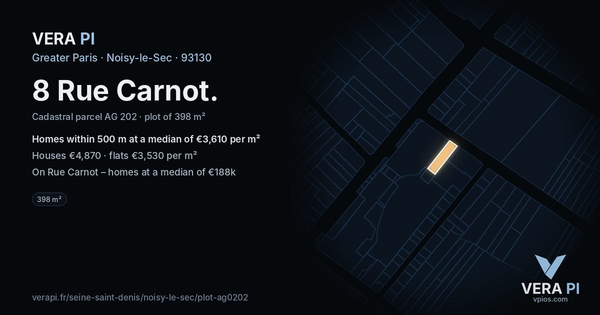 8 Rue Carnot, Noisy-le-Sec at night – the plot lit, the parcels around coloured by the prices near them