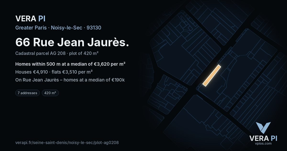 66 Rue Jean Jaurès, Noisy-le-Sec at night – the plot lit, the parcels around coloured by the prices near them