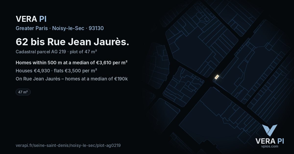 62 bis Rue Jean Jaurès, Noisy-le-Sec at night – the plot lit, the parcels around coloured by the prices near them