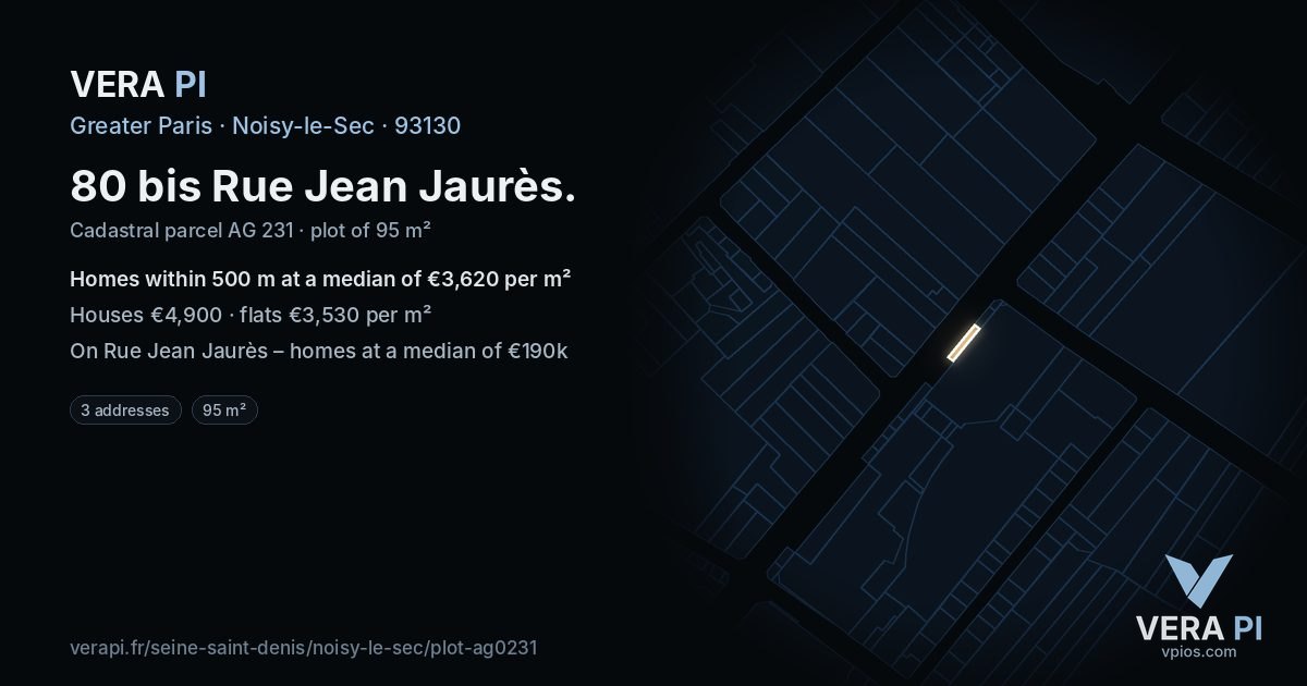 80 bis Rue Jean Jaurès, Noisy-le-Sec at night – the plot lit, the parcels around coloured by the prices near them
