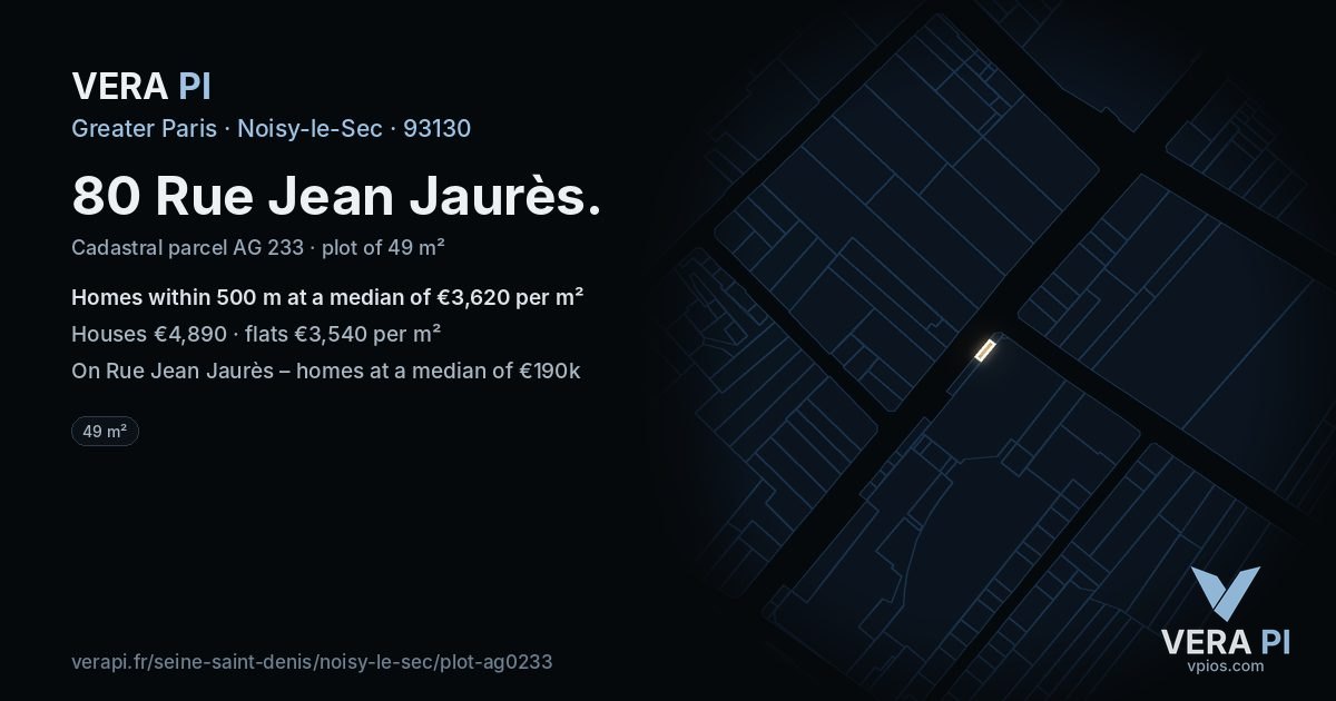 80 Rue Jean Jaurès, Noisy-le-Sec at night – the plot lit, the parcels around coloured by the prices near them