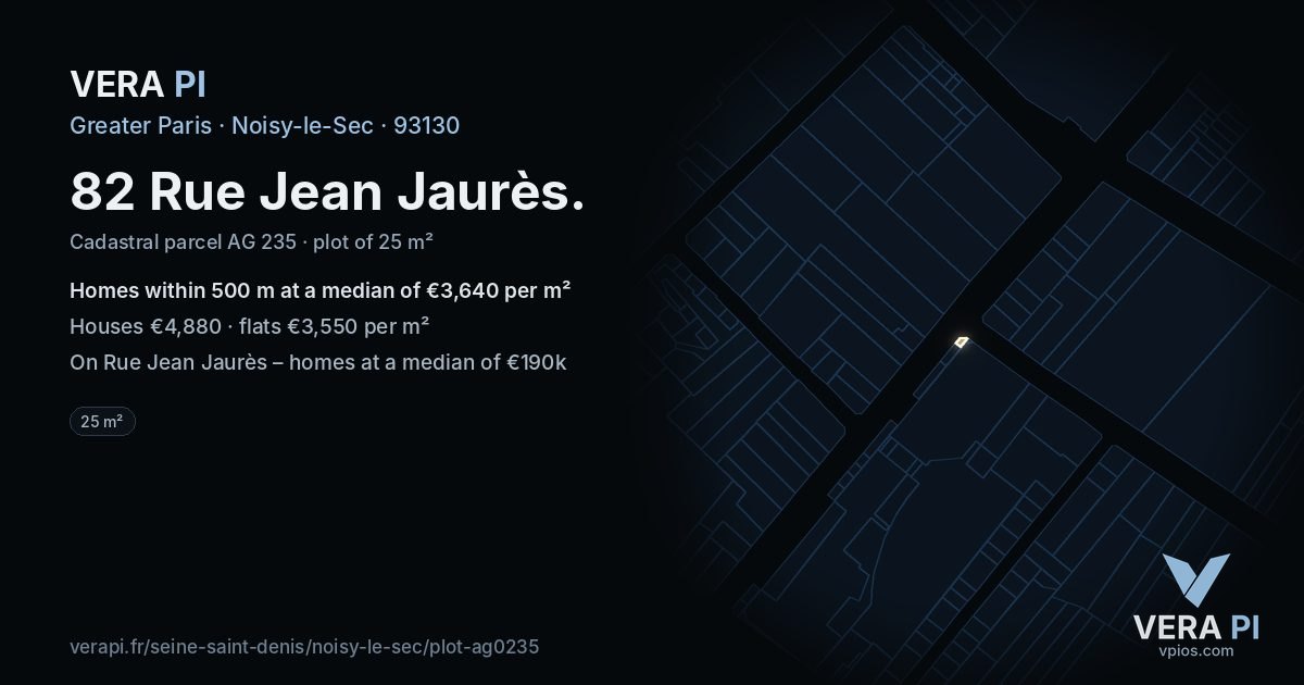 82 Rue Jean Jaurès, Noisy-le-Sec at night – the plot lit, the parcels around coloured by the prices near them