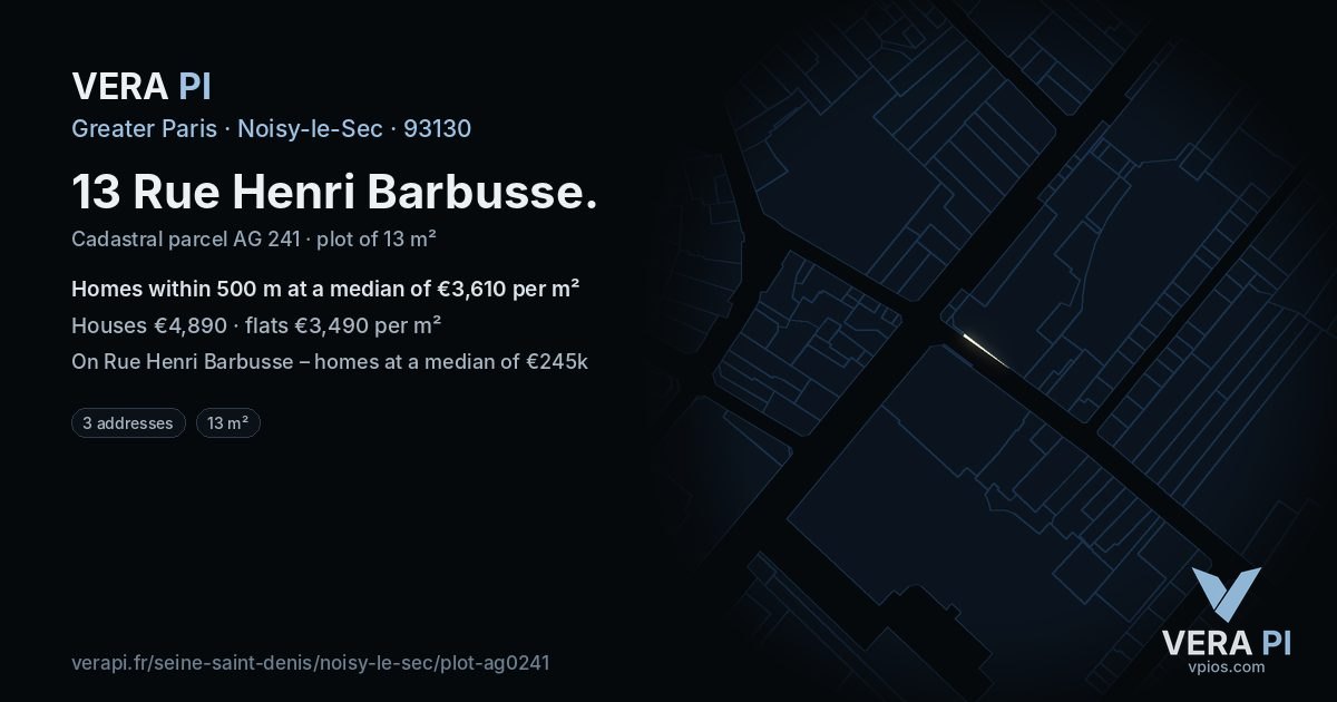 13 Rue Henri Barbusse, Noisy-le-Sec at night – the plot lit, the parcels around coloured by the prices near them