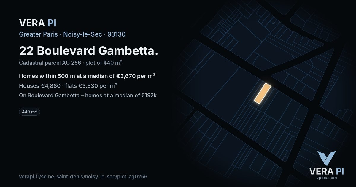 22 Boulevard Gambetta, Noisy-le-Sec at night – the plot lit, the parcels around coloured by the prices near them