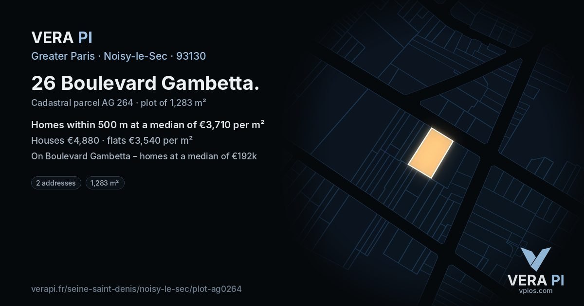 26 Boulevard Gambetta, Noisy-le-Sec at night – the plot lit, the parcels around coloured by the prices near them