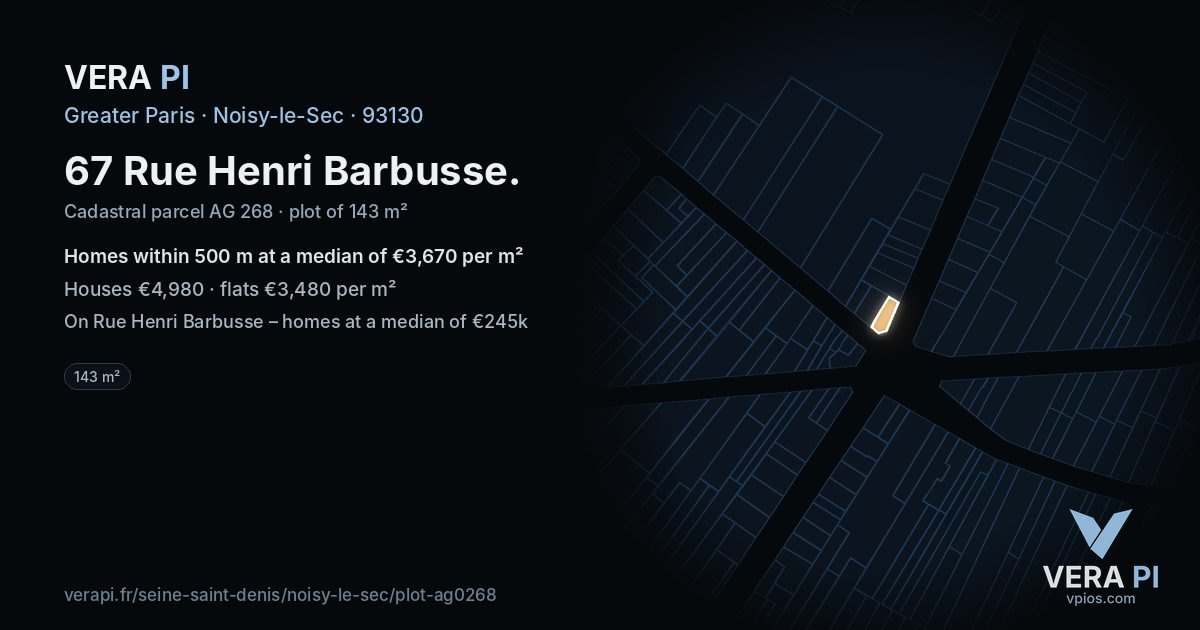67 Rue Henri Barbusse, Noisy-le-Sec at night – the plot lit, the parcels around coloured by the prices near them
