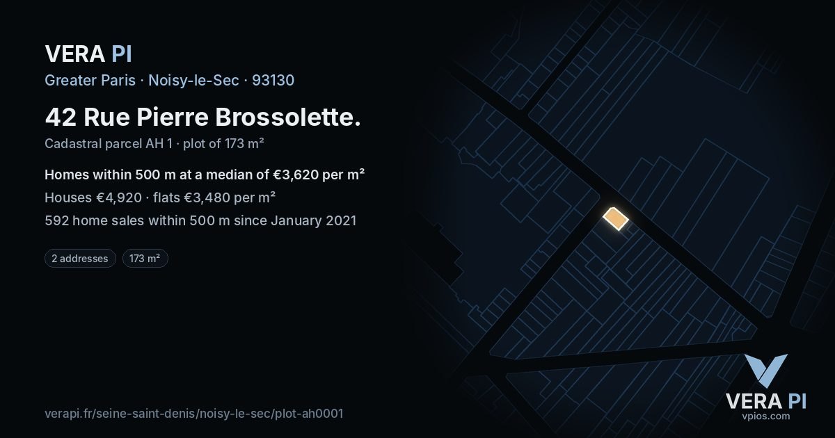 42 Rue Pierre Brossolette, Noisy-le-Sec at night – the plot lit, the parcels around coloured by the prices near them
