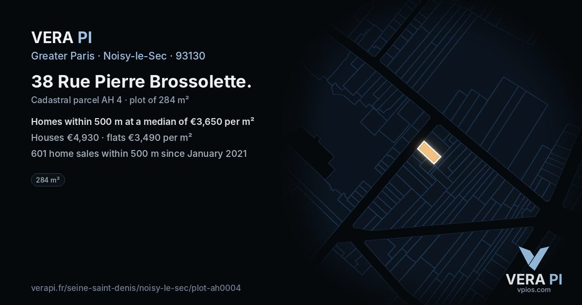 38 Rue Pierre Brossolette, Noisy-le-Sec at night – the plot lit, the parcels around coloured by the prices near them