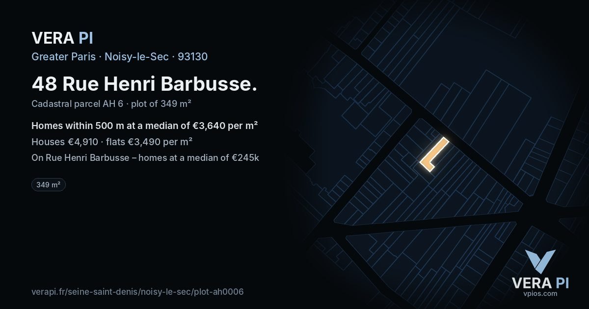 48 Rue Henri Barbusse, Noisy-le-Sec at night – the plot lit, the parcels around coloured by the prices near them