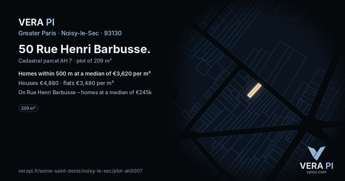 50 Rue Henri Barbusse, Noisy-le-Sec at night – the plot lit, the parcels around coloured by the prices near them