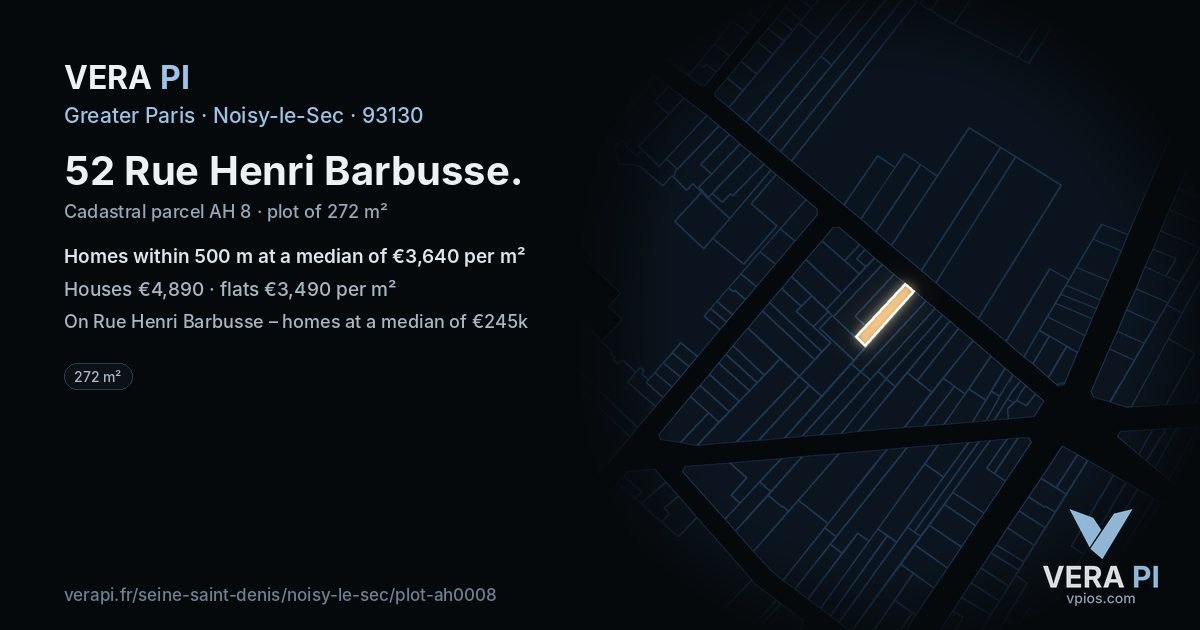 52 Rue Henri Barbusse, Noisy-le-Sec at night – the plot lit, the parcels around coloured by the prices near them